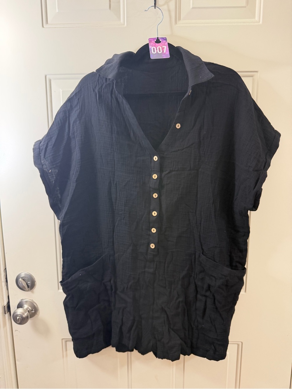 Black Cotton Button Front Romper Women’s XXL Short Sleeve Utility Casual 007